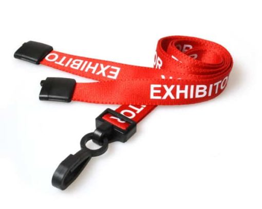 Breakaway Lanyard - EXHIBITOR Printed - 15mm Width - Red - J Clip