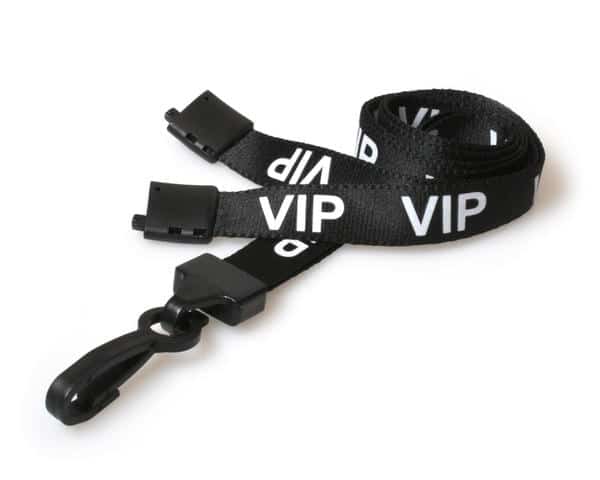 Breakaway Lanyard - VIP Printed - 15mm Width - Black - J Clip