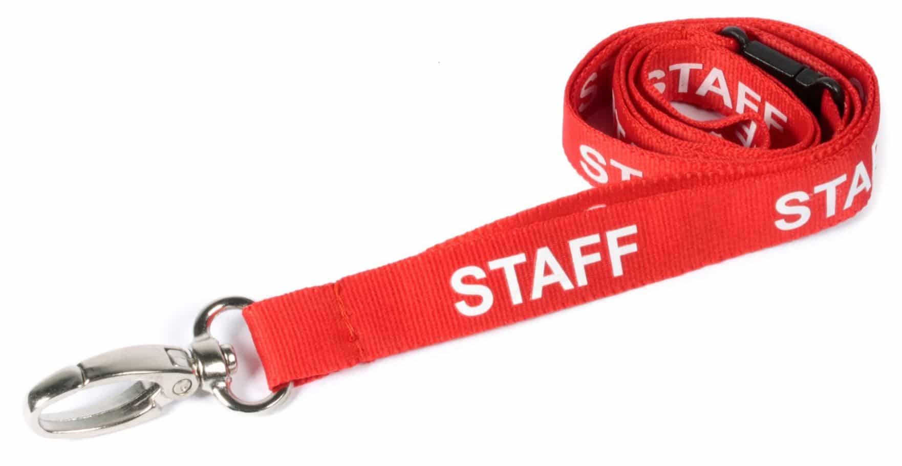 Breakaway Lanyard - STAFF Printed - 15mm Width - Red - Lobster Clip